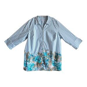 DENIM & CO Women's Plus 3X Tunic Blouse Striped Floral Button Up Teal Brown 56"